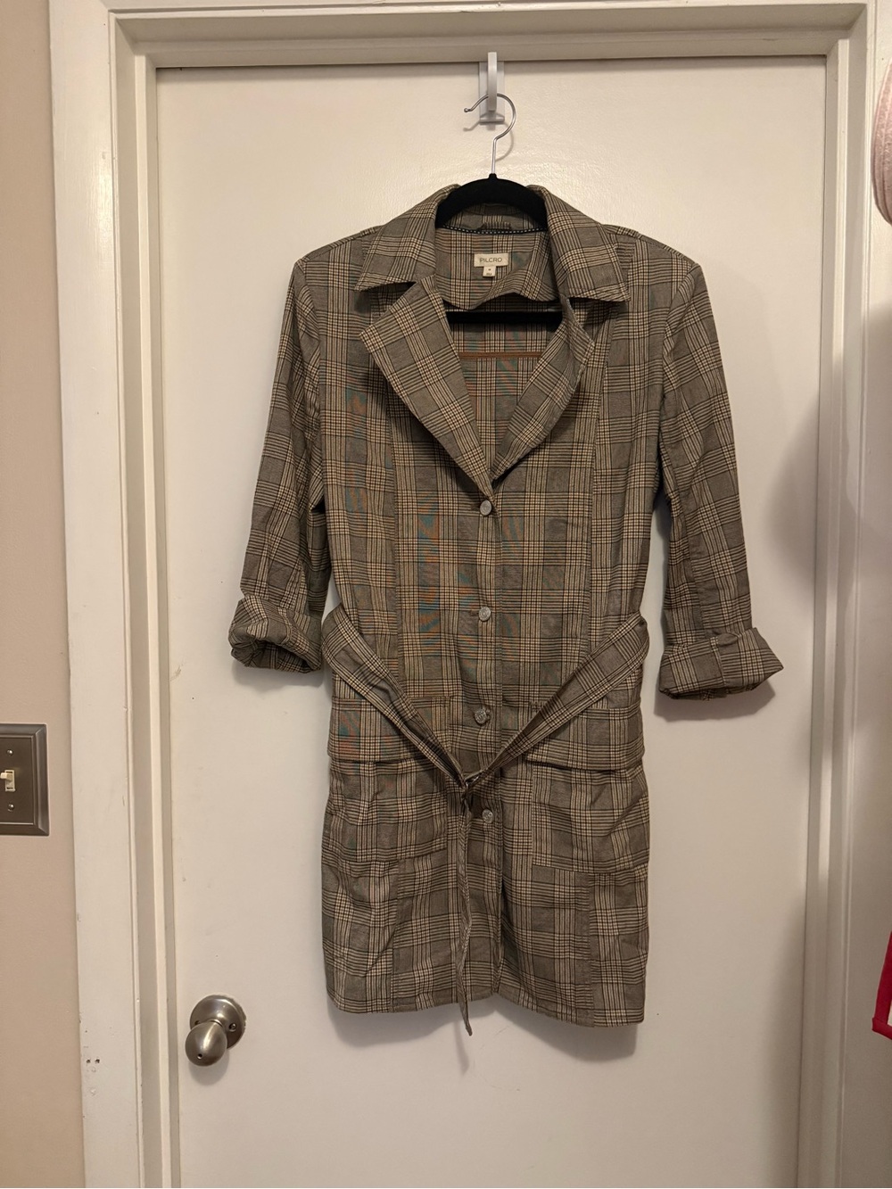 Pilcro Beige Plaid Cinch-Waist Shirt Dress size M